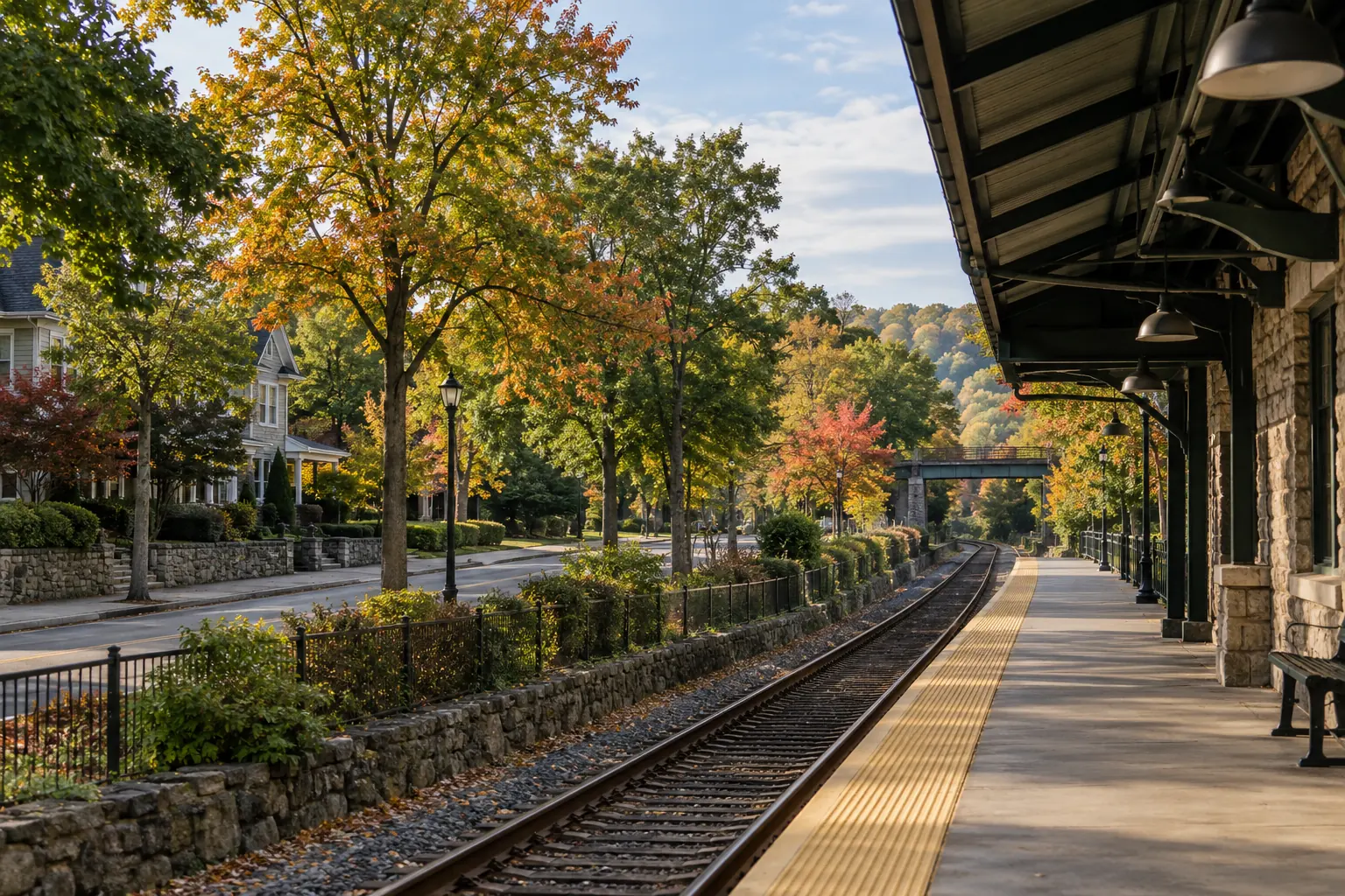 Illustration of a leafy suburban station and street